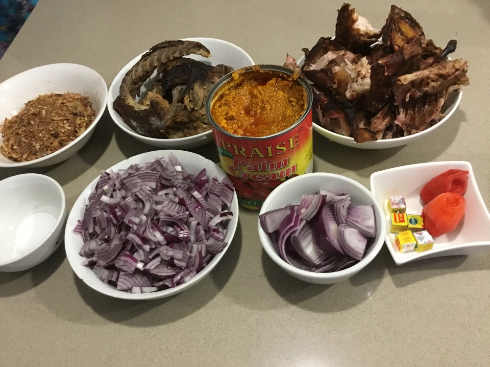 Ingredients to cook Banga soup with Goat meat